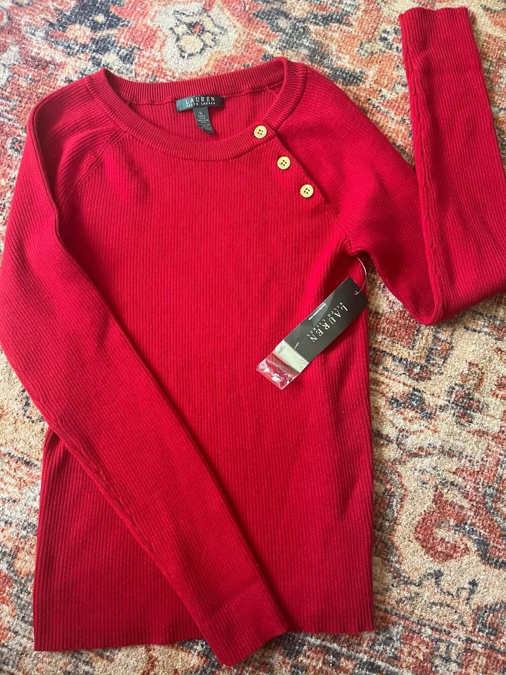 Lauren Ralph Lauren Women's Red Ribbed Long Sleeve Button-Shoulder Sweater
